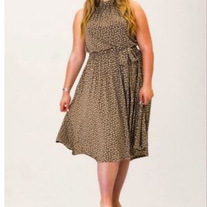 Leota Dress Brown Polka Dot Sleeveless Womens Tie Back Bow Waist